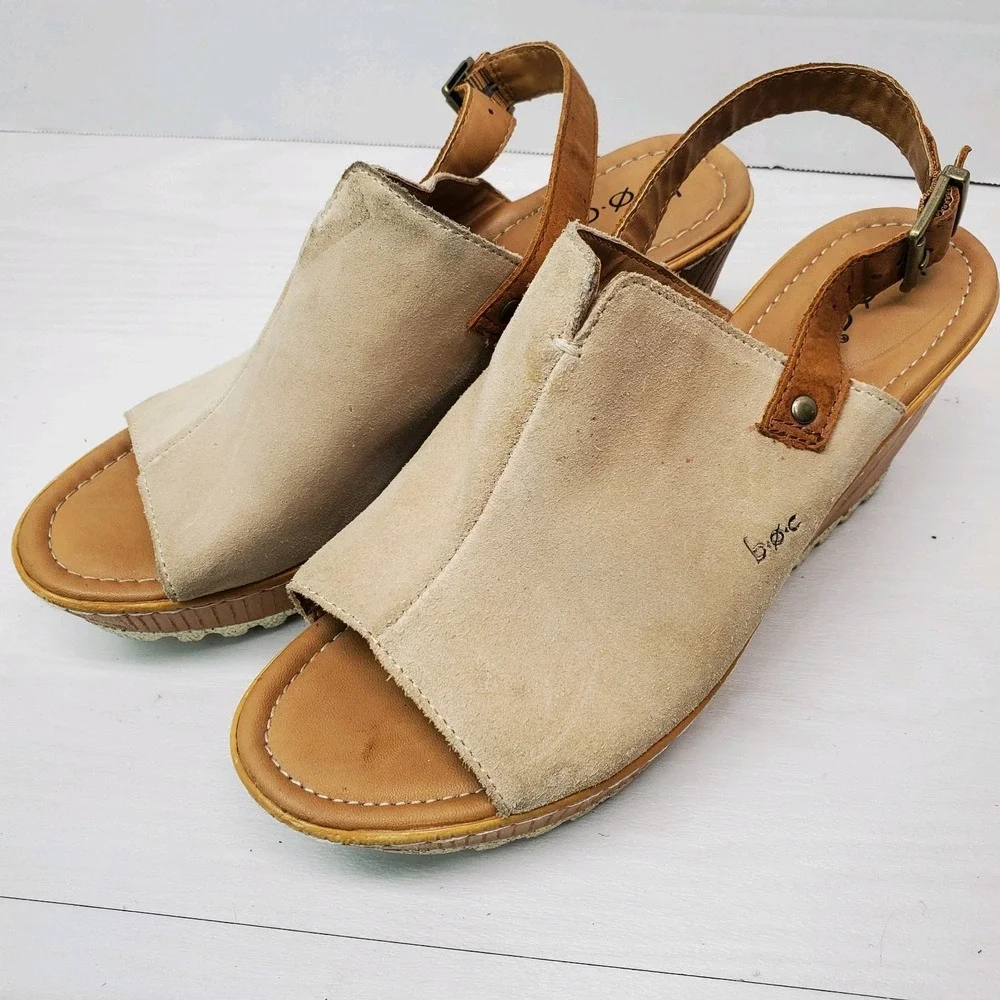 Boc Noelle Suede Leather Wedge Shoes Womens 8M Tan Sandals Sling Back Fast Ship